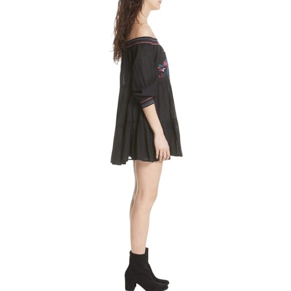 Free People Sunbeams Floral Embroidered Black Off The Shoulder Mini Dress - Picture 8 of 10